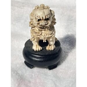 Ivory Color Resin Chinese Foo Dog on Bkack Turned Wood Stand Sculpture Figure